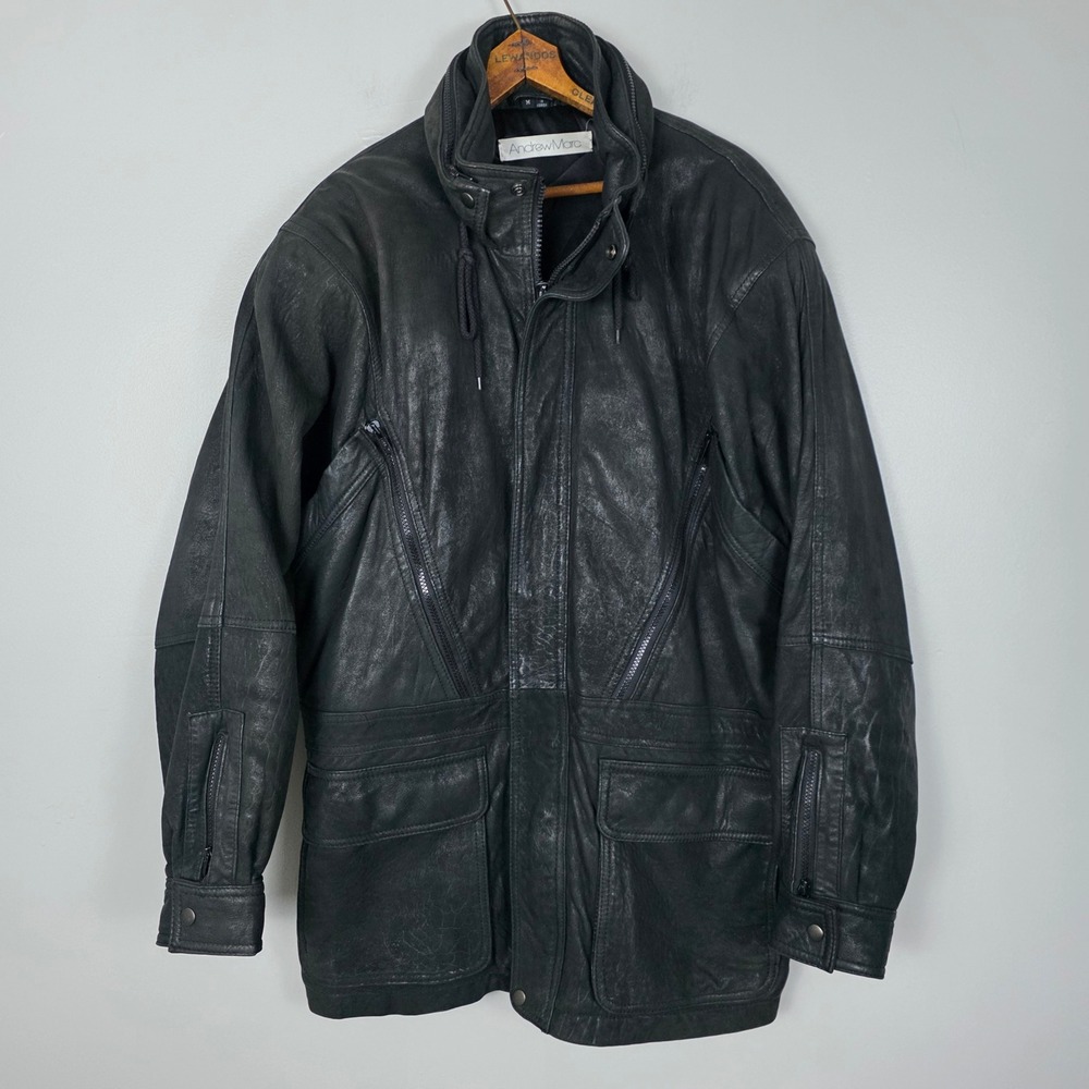 Andrew Marc Leather Jacket Heavy Mens Medium Black Full Zip Hooded Coat